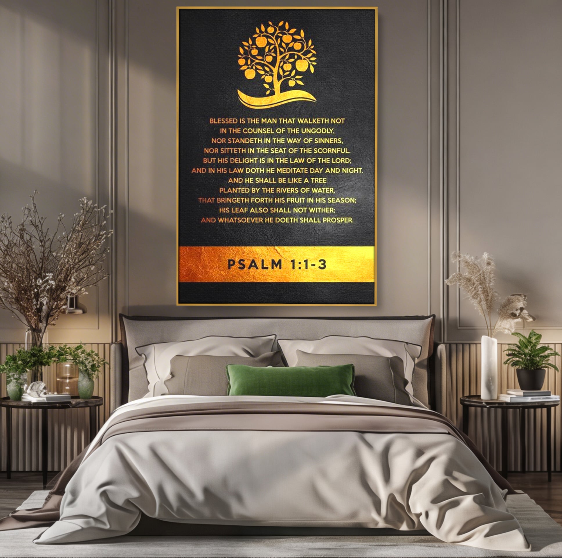 Tablou canvas cu tablou canvas cu citat biblic si copac, in rama de aluminiu auriu, pe perete intr-un dormitor